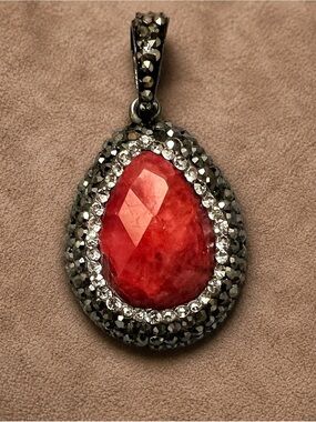 925 Sterling Silver Red Gemstone Pear-Shaped Double Halo Pendant 1.5" #643